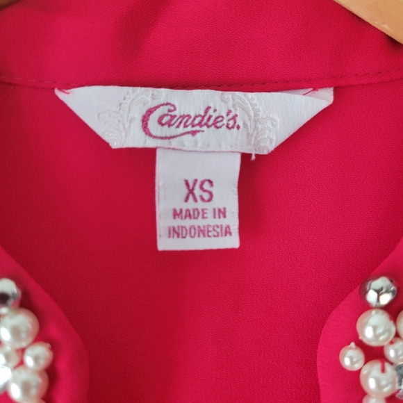Candie's Hot Pink Long Sleeve Beaded Collar Blouse Sz XS | Going Out Top 2010's - Picture 3 of 7